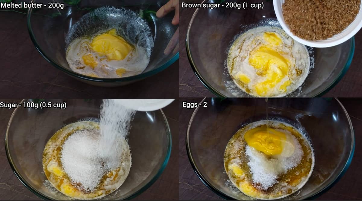 adding butter, sugar, eggs and vanilla extarct while making blondies