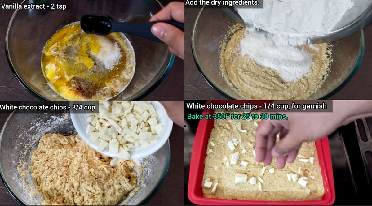 mixing dry ingredients with wet ingredients, fold in chocolate chips and then add to baking dish and garnish with more white chocolate
