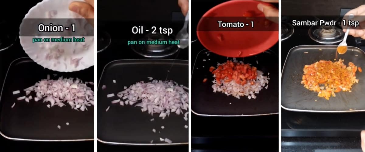 step by step images adding onion, tomato, sambar powder
