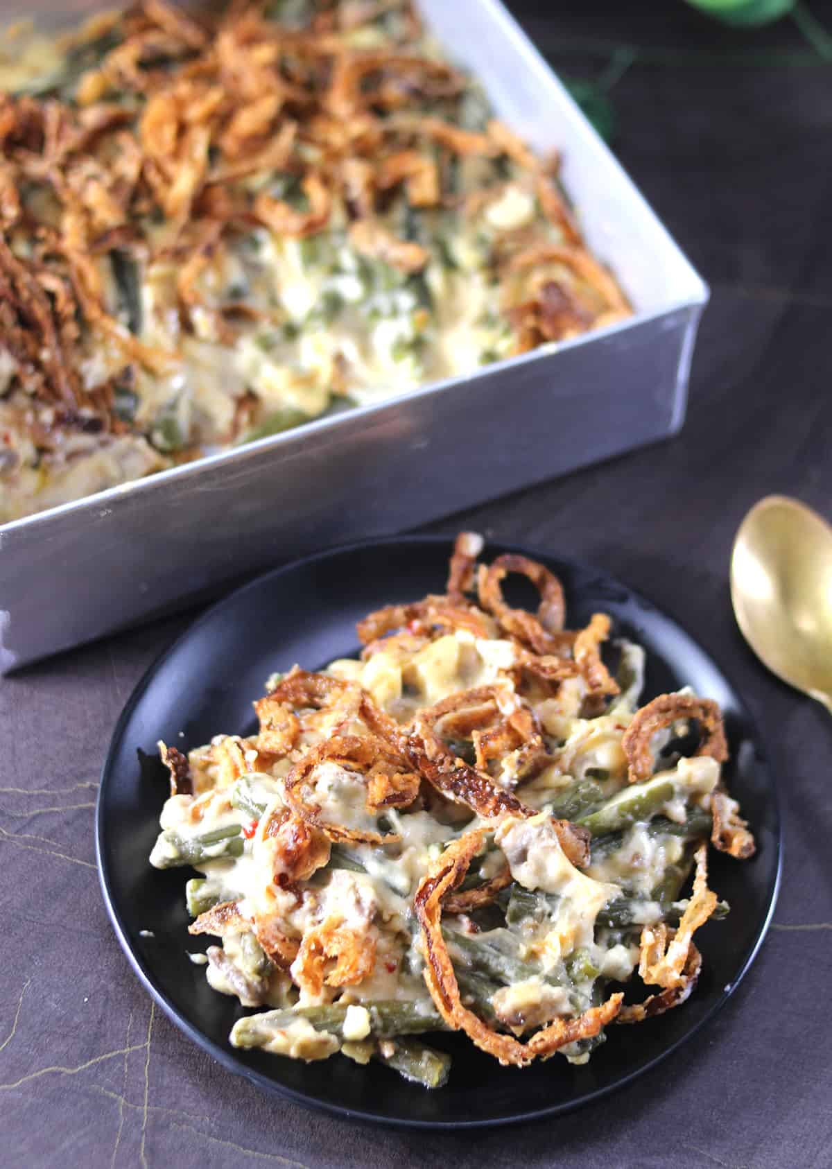 Thanksgiving and Christmas side dish with green beans and fried onions 