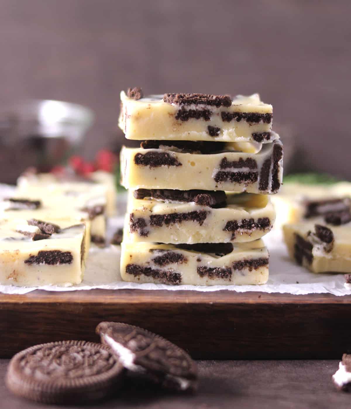 stack of delicious easy to make holiday chocolate fudge with oreos 