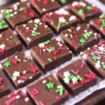 2 ingredient Christmas fudge or chocolate fudge, no bake festive themed holiday dessert.