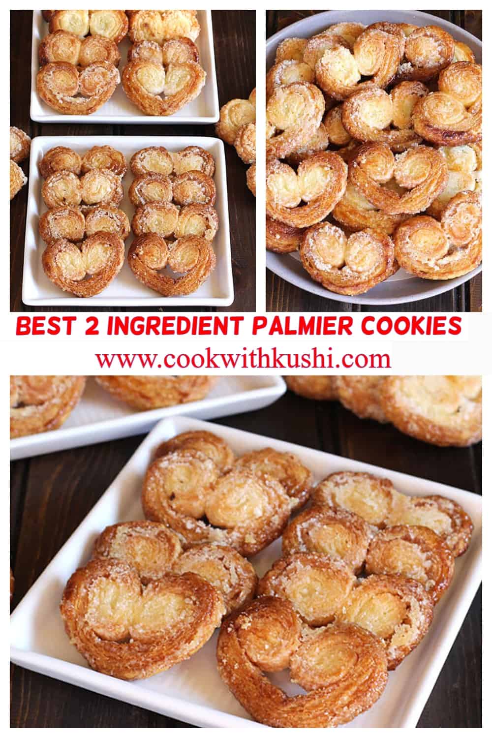 Best, easy crispy and flaky 2 ingredient palmier cookies, french pastry, butterfly or heart shaped biscuits 