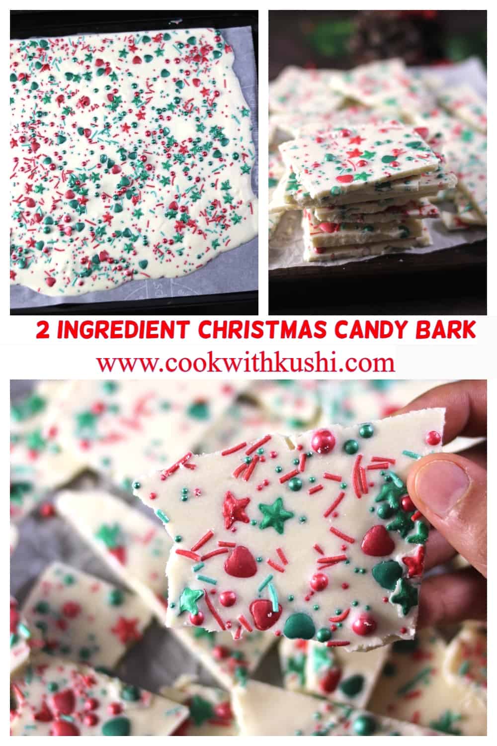 3 images of easy 2 ingredient christmas candy barks or chocolate bark 