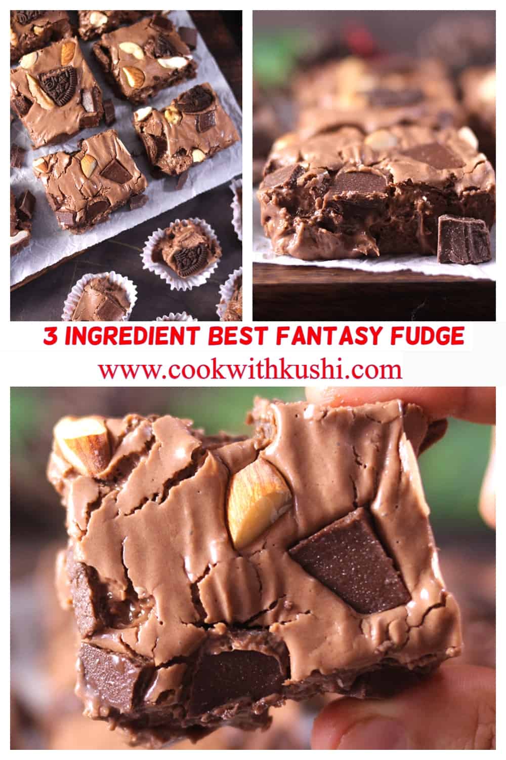 3 images of best homemade fantasy fudge with marshmallow fluff, condensed milk, chocolate 