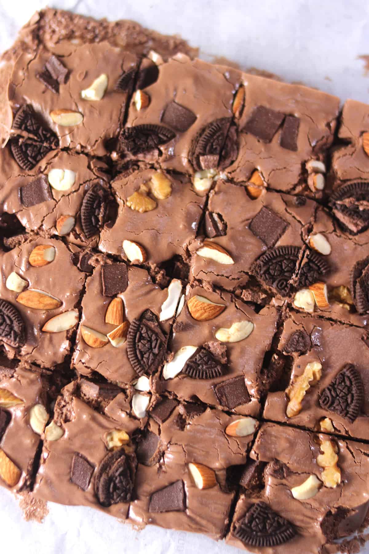 Top view of homemade chocolate marshmallow fantasy fudge for christmas holiday 