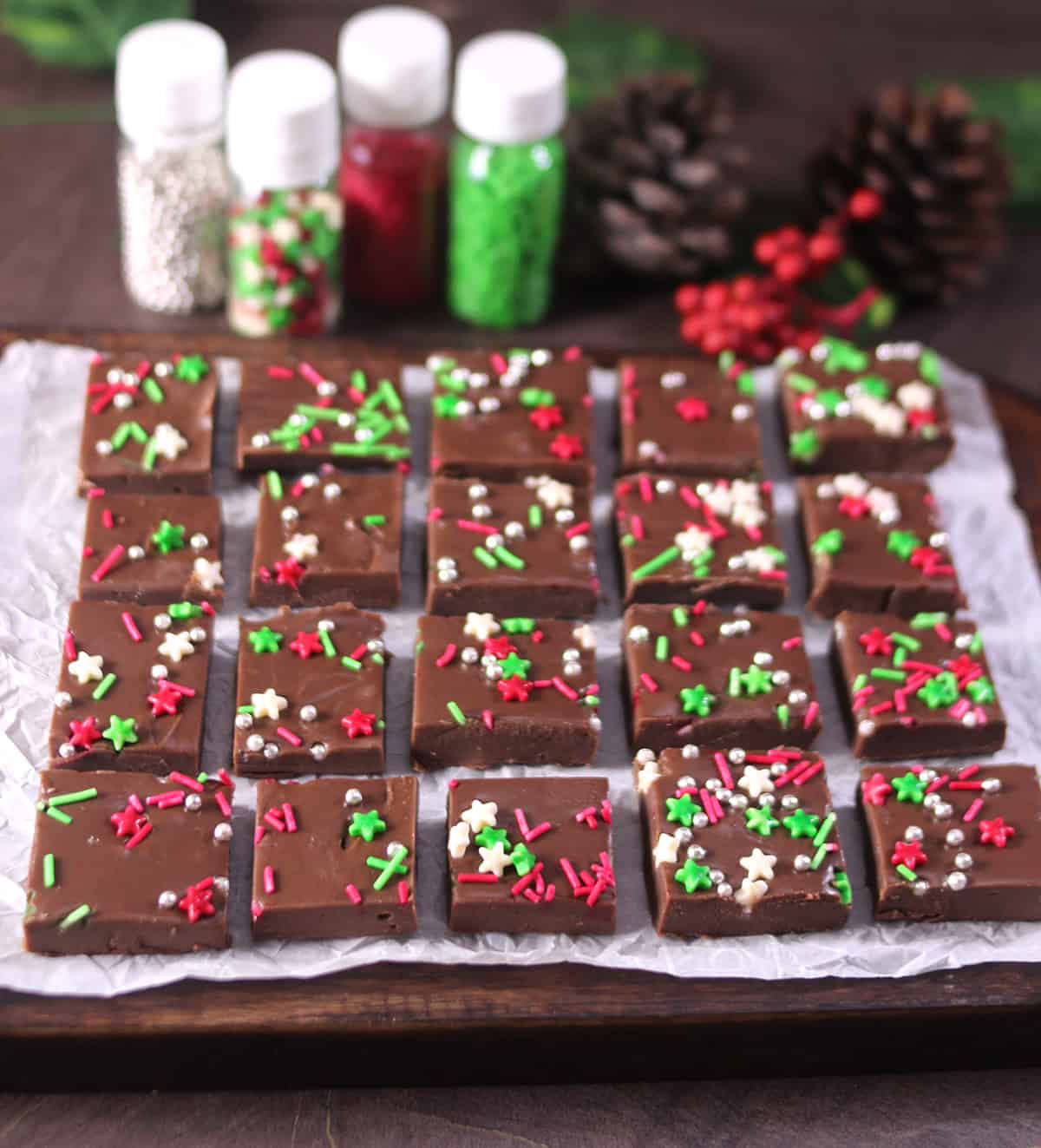 Beautifully arranged christmas fudge bars for holiday dessert platter.