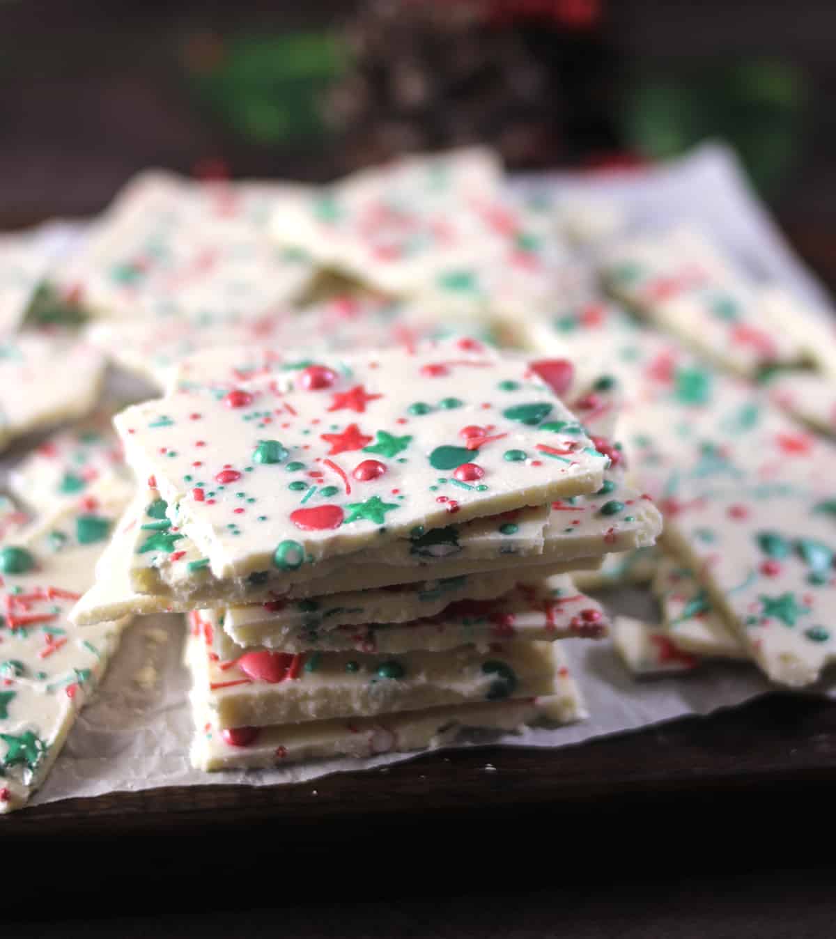 Stack of cut christmas barks or easy 2 ingredient christmas candy treats 