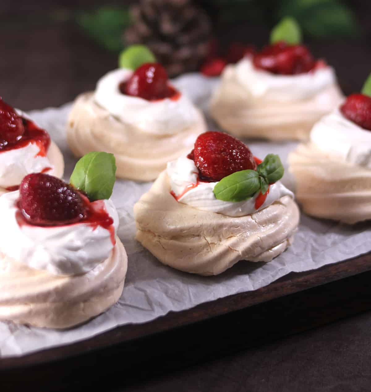 Close up view of crispy pavlova with marshmallow soft texture  inside 