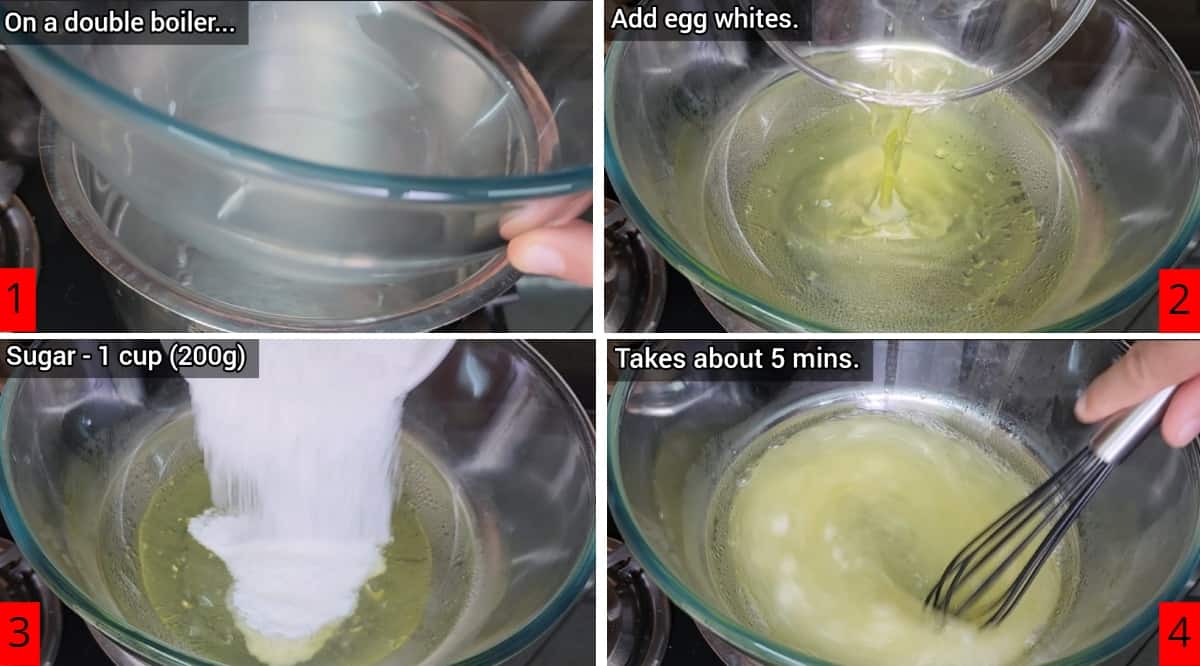 Adding egg whites and sugar in double boiler heat proof bowl