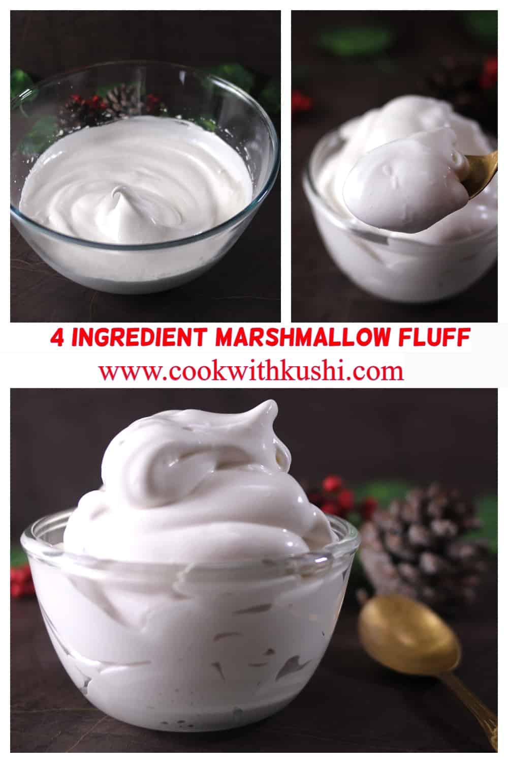 3 different images of homemade 4 ingredient marshmallow fluff (meringue frosting) 