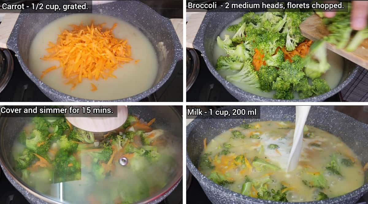 Adding carrots, broccoli and simmer for 15 minutes 
