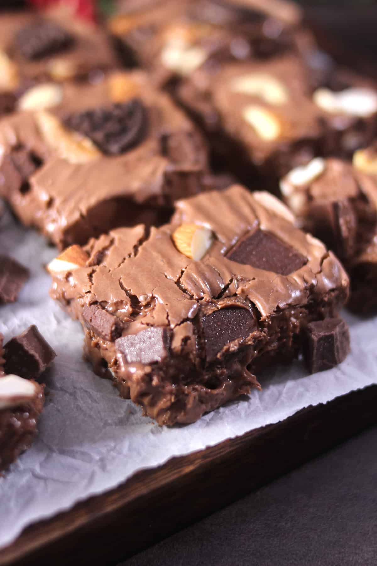 best chocolate fantasy fudge topped with walnuts, oreo and chocolate chunks 
