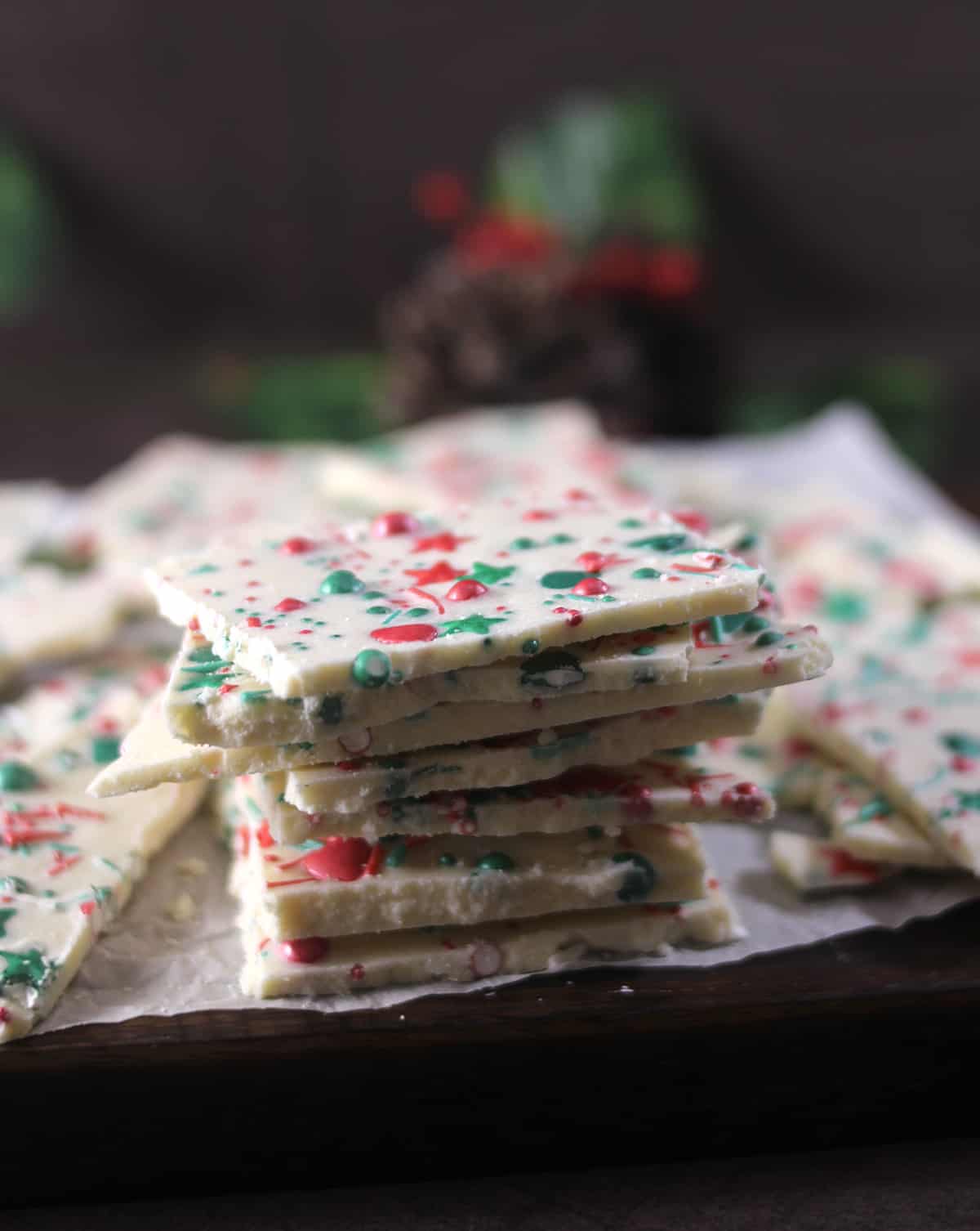 Stack of best holiday candies, christmas bark with 12 variations 