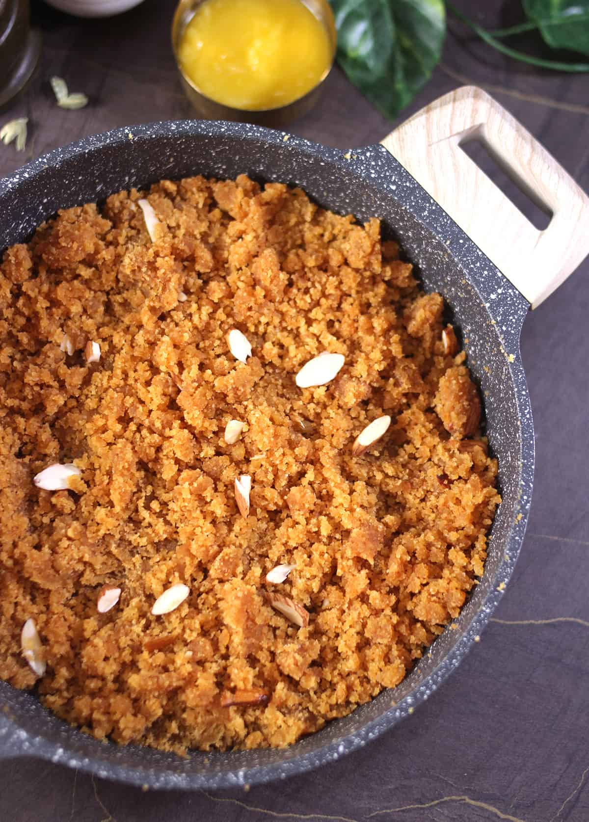 Moong dal halwa on non stick carote pan, temple style halwa recipe 