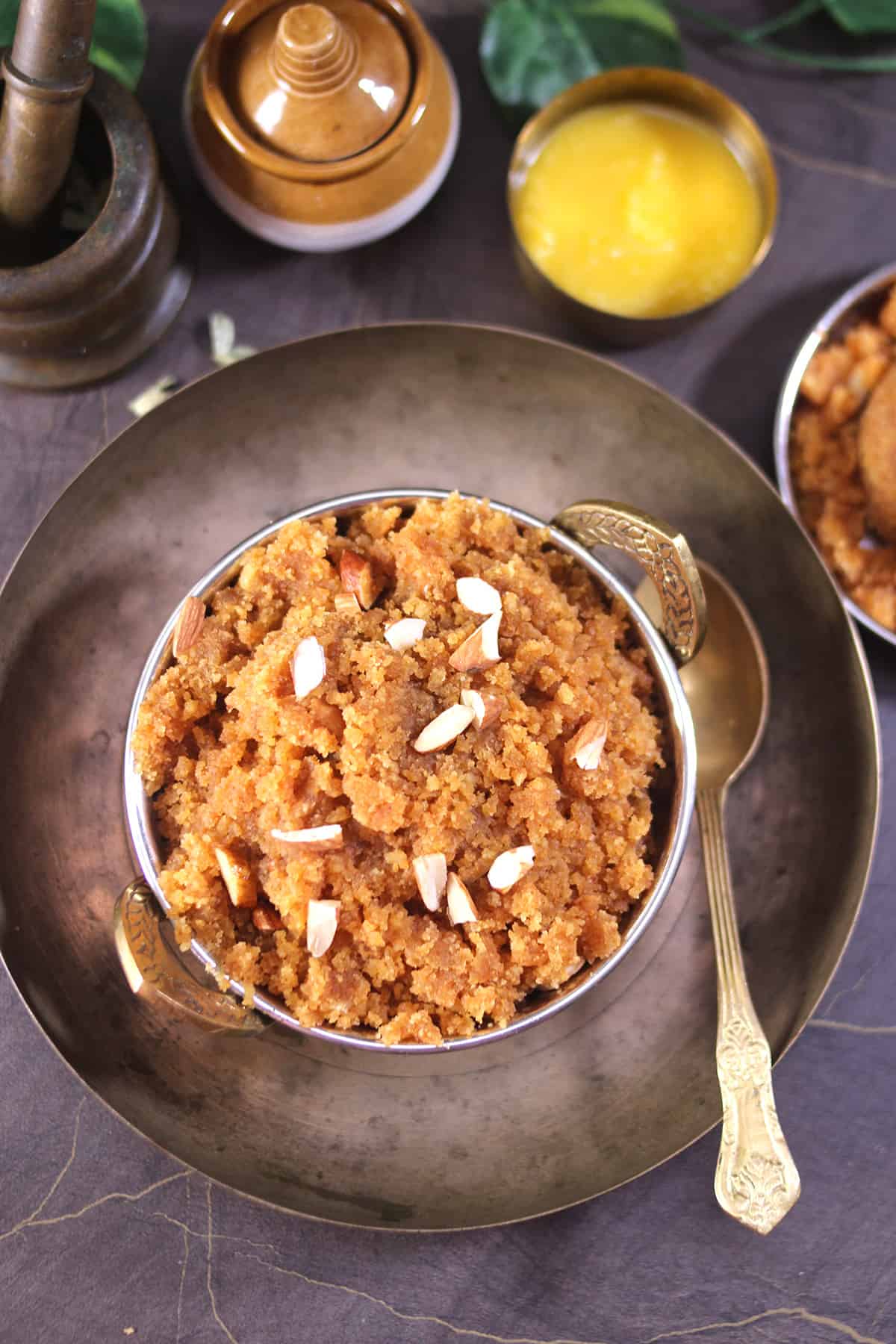 Top view of instant and easy moong dal halwa, mung bean halwa, Indian sweet 