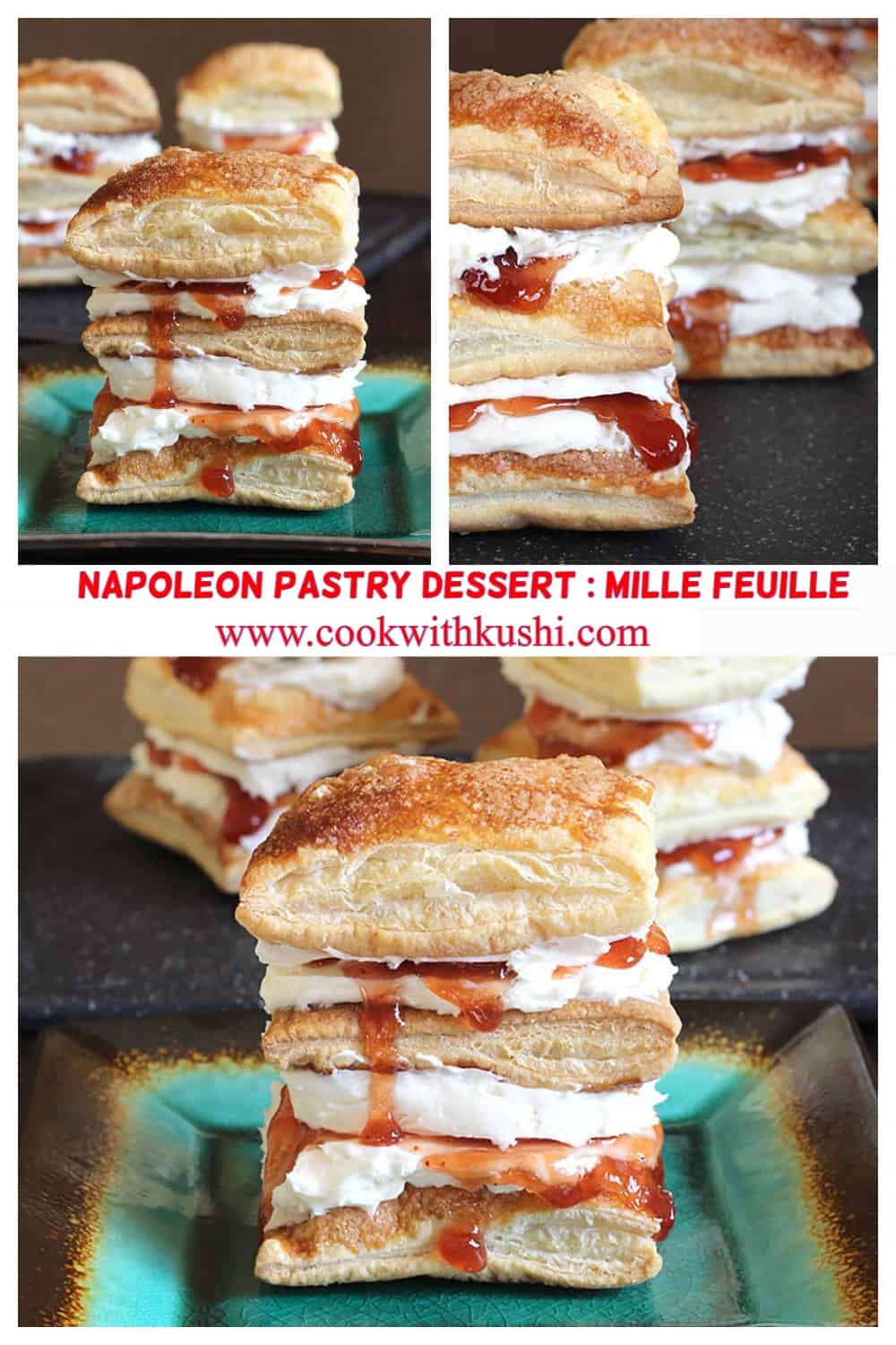 3 different images of best Italian and French pastry dessert napoleon, mille feuille