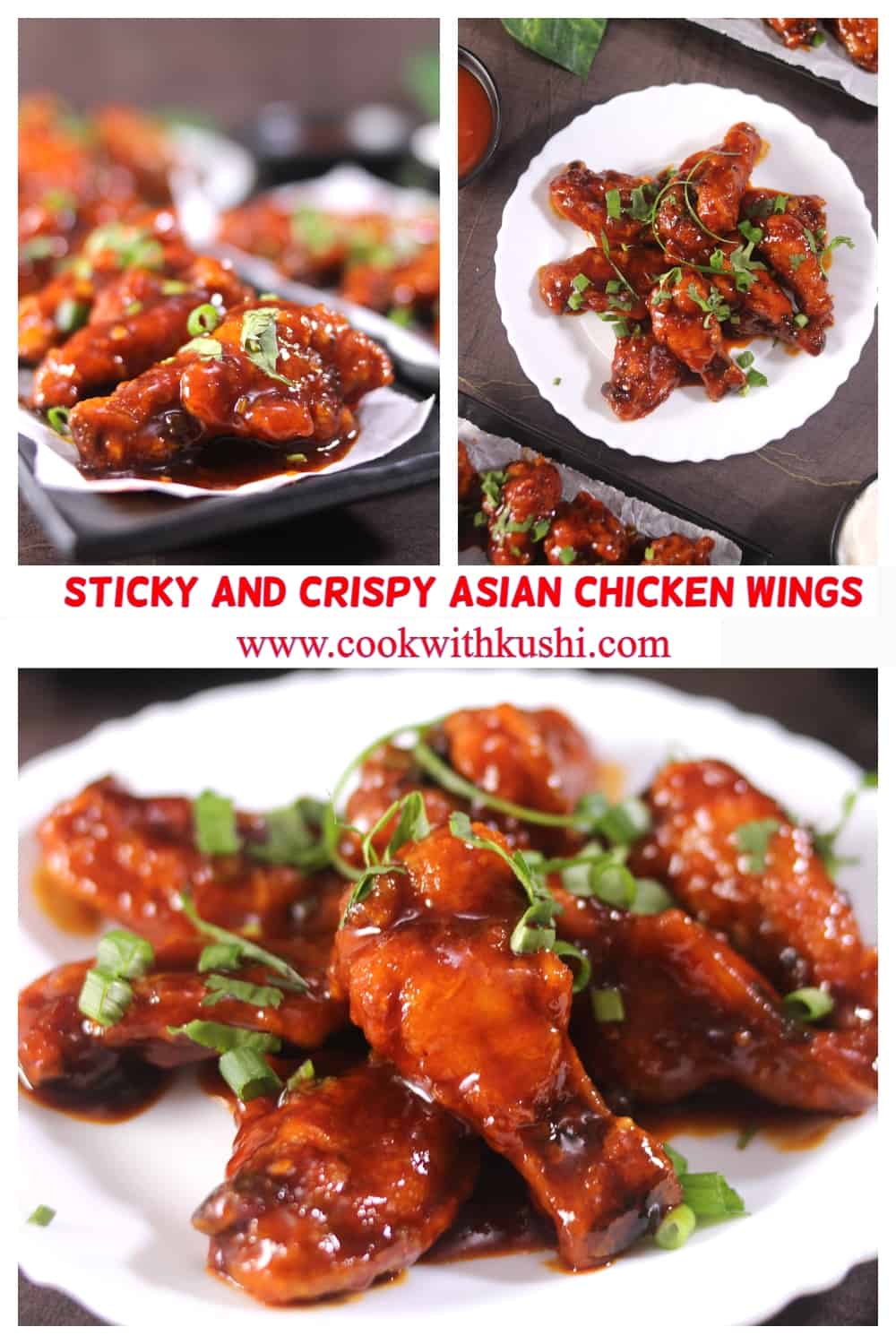 3 different images of chicken wings - spicy and crispy, sweet and sticky wings for parties 