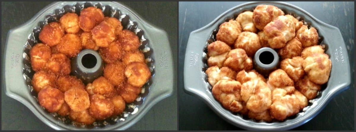 Cinnamon sugar covered Dough balls in a bundt pan. Left versus Right image - before rise versus after 30 mins rise.