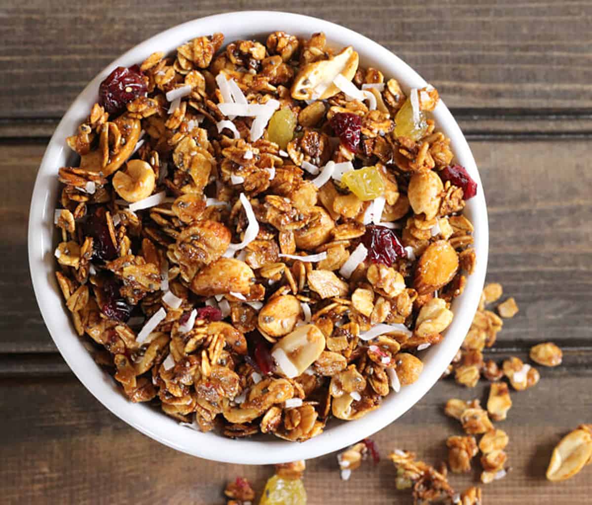 easy and healthy no-bake granola served in a white bowl.
