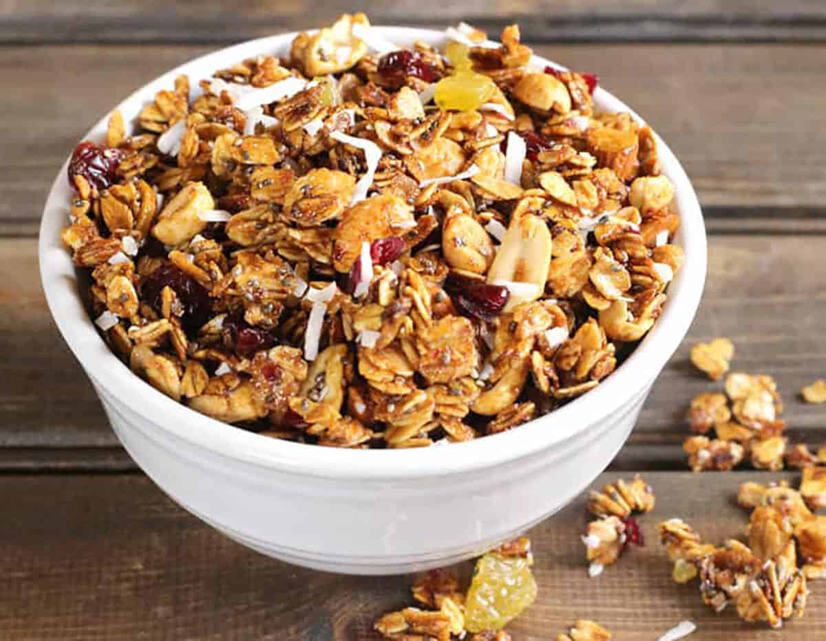 simple breakfast granola with all the fixings served in a white bowl.
