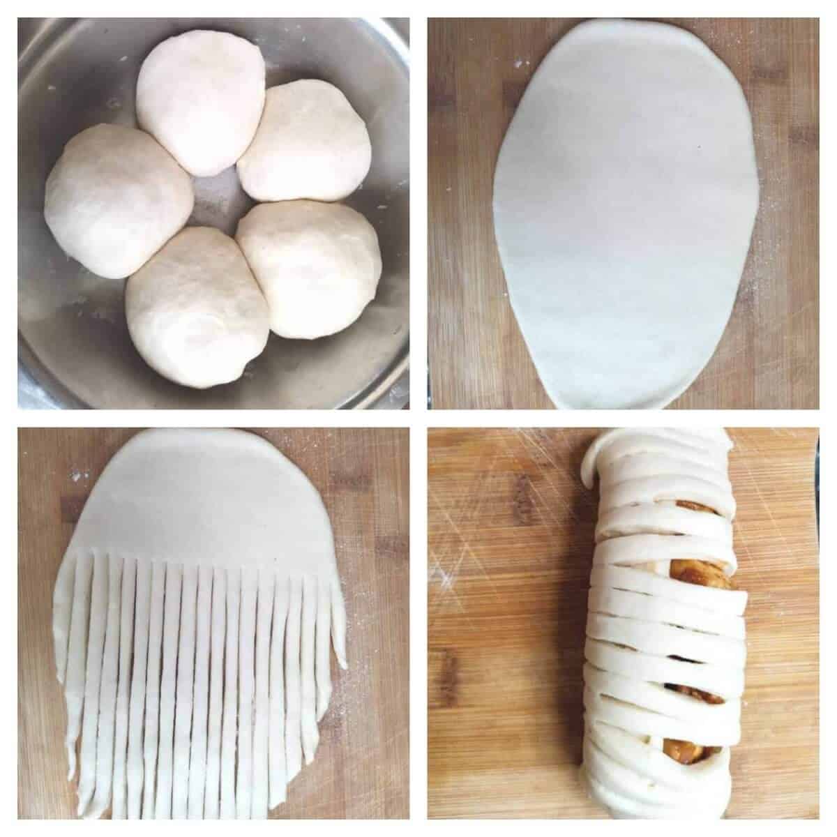 collage of step by step pics of preparing wool roll bread.