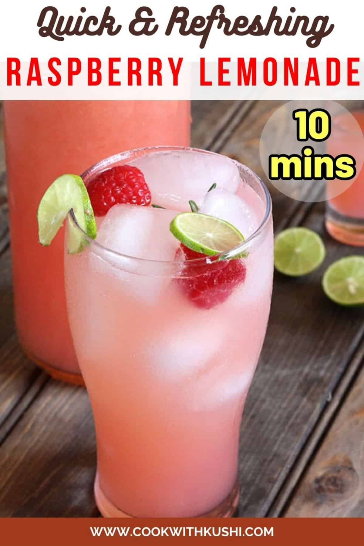 Best and Easy Raspberry Lemonade served with ice cubes, whole raspberries, and lemon slices in a tall glass.