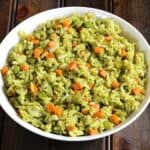 South Indian Coriander Rice Pulao served in a white ceramic bowl.