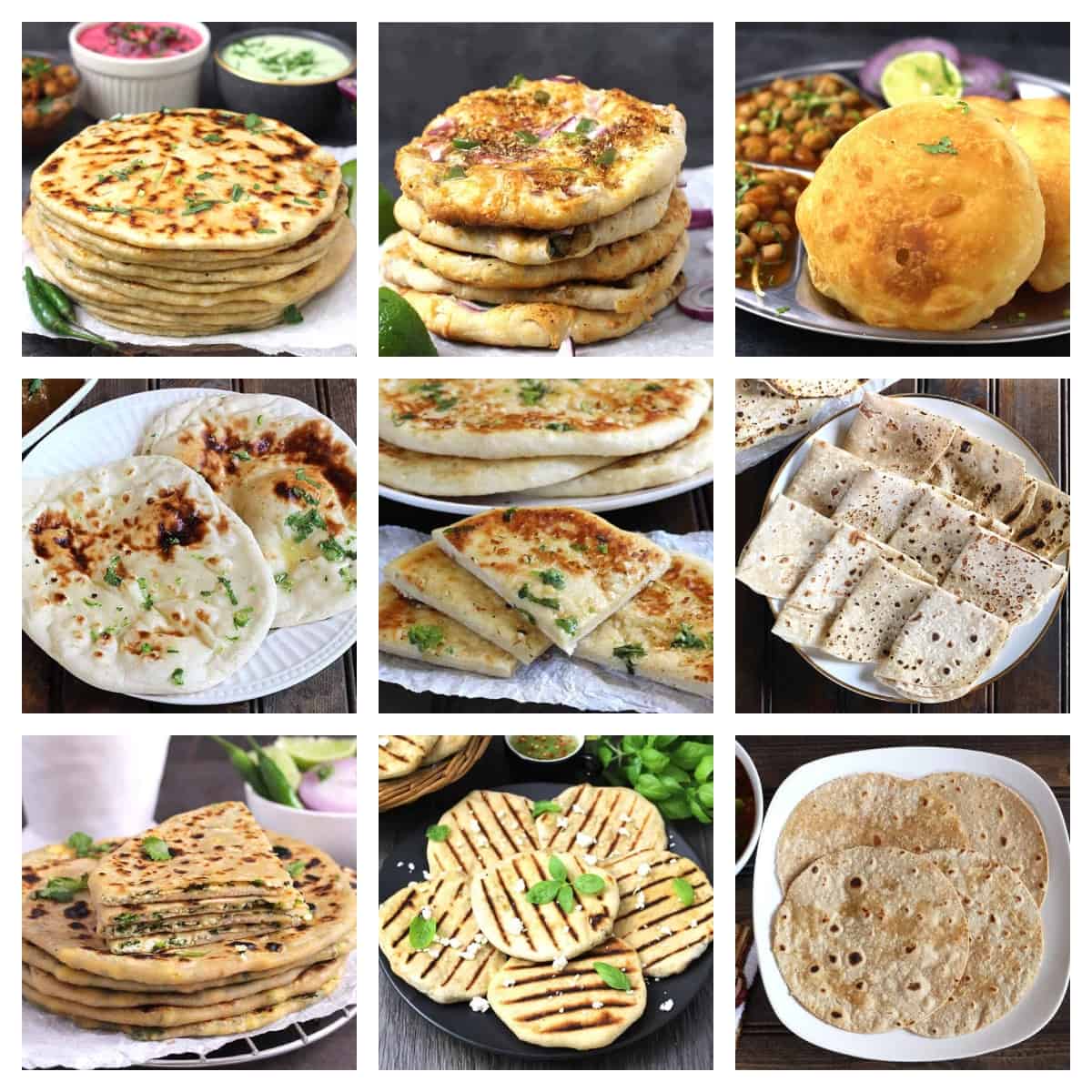 Picture of best Indian bread that includes naan, roti, chapati, bhatura, kulcha, paratha. 
