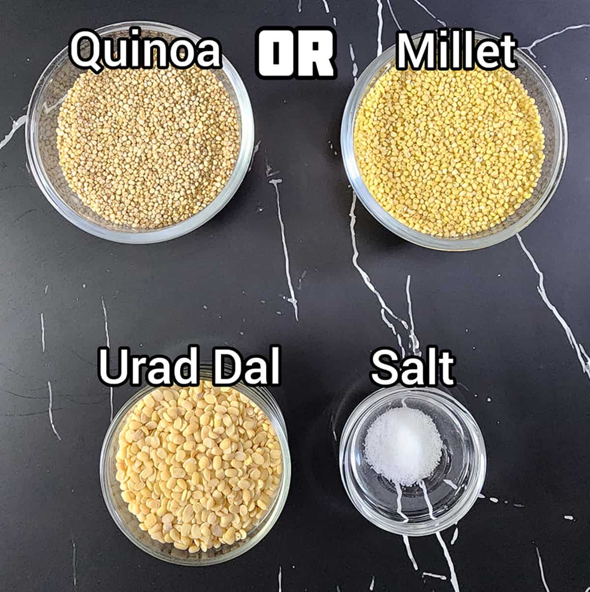 Ingredients used to make millet idli or quinoa idli. 