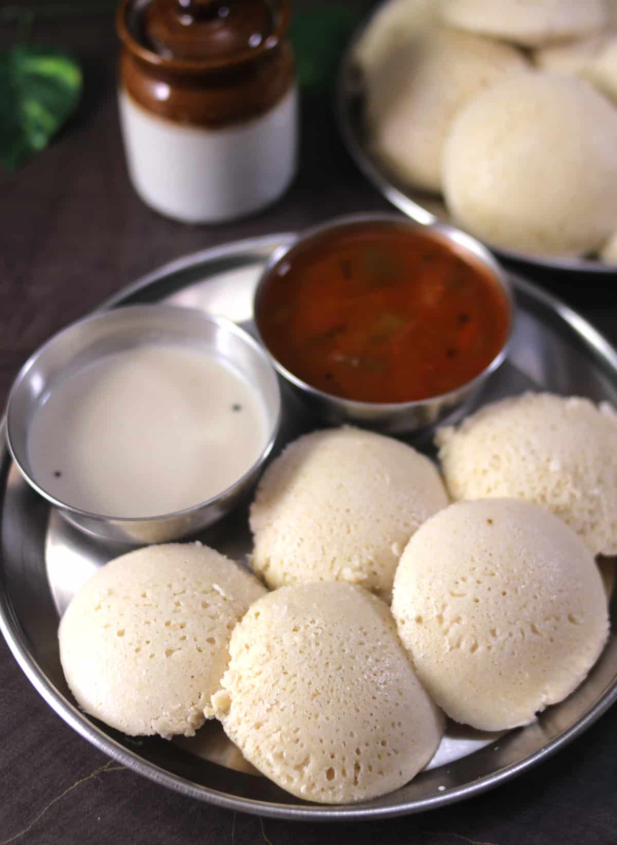 South Indian millet or quinoa idli served with hotel sambar and chutney. 