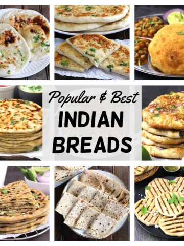 Picture of popular & best Indian bread that includes naan, roti, chapati, bhatura, kulcha, paratha.