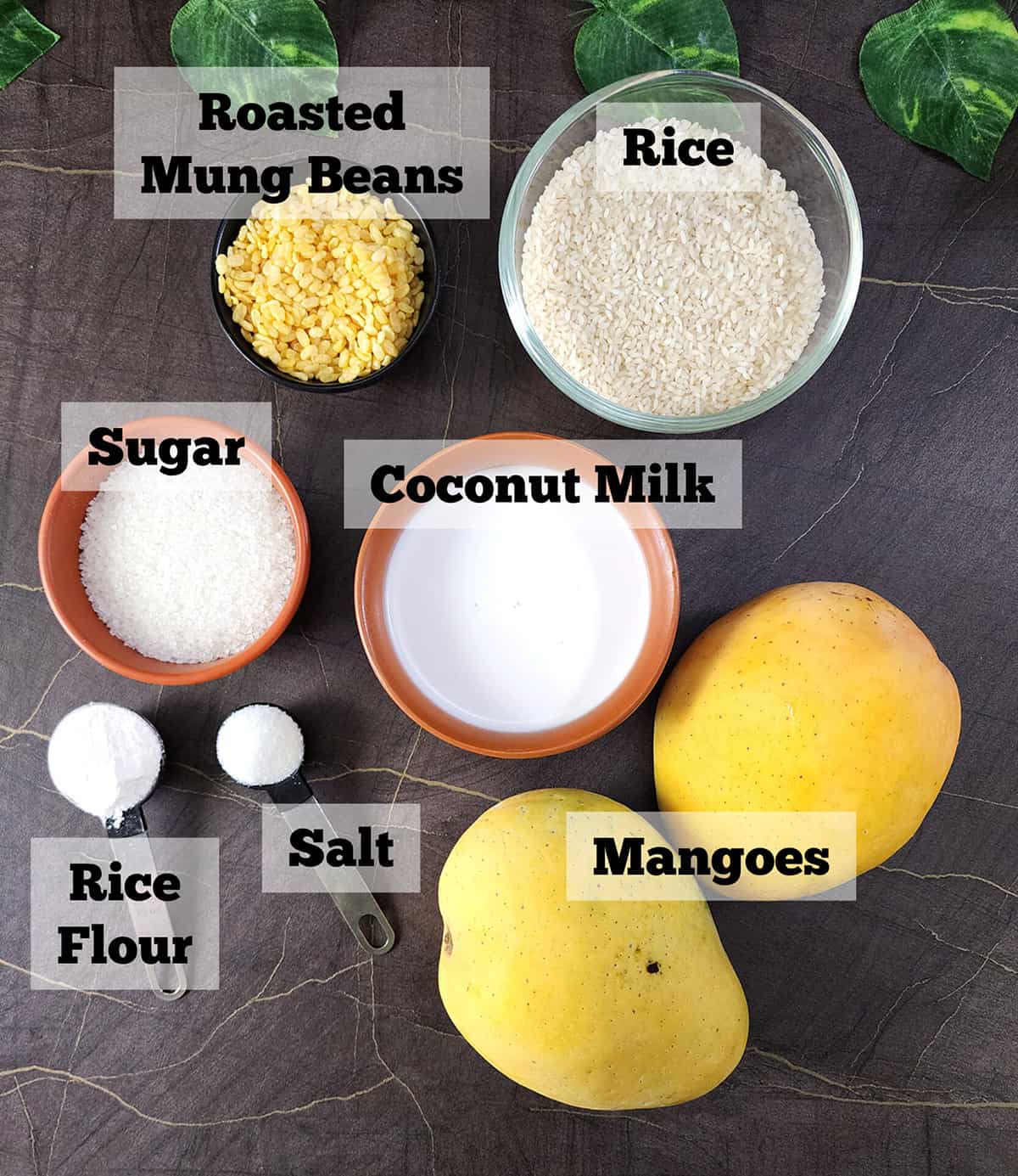 Ingredients to make the best Thai mango sticky rice recipe. 