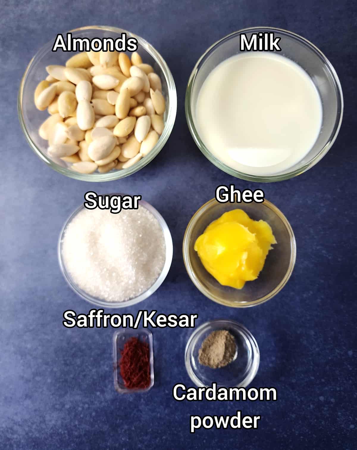 Badam Halwa Ingredients : Almonds, milk, sugar, ghee, saffron, cardamom. 