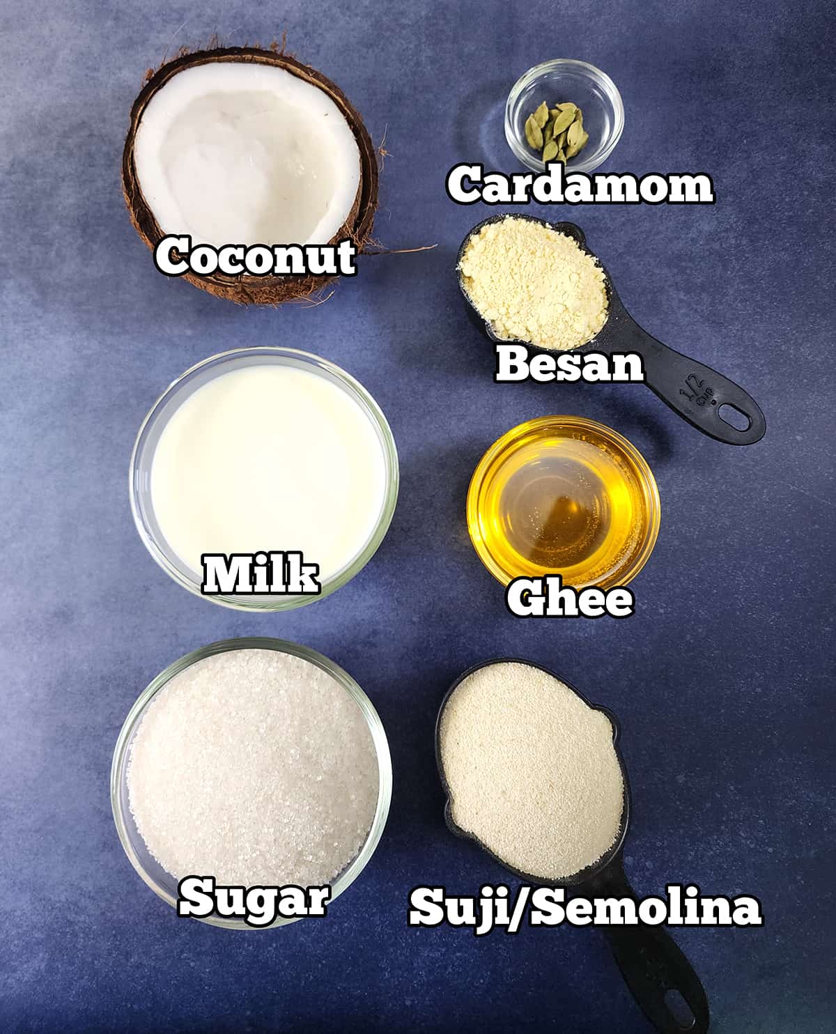 Ingredients for traditional and authentic rava coconut besan burfi sweet recipe. 