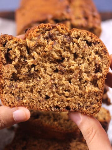 The best peanut butter banana bread loaf recipe with chocolate chips.