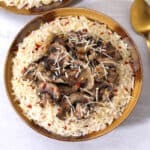 Mushroom risotto. Classic, traditional, creamy vegetarian risotto recipe with arborio rice.