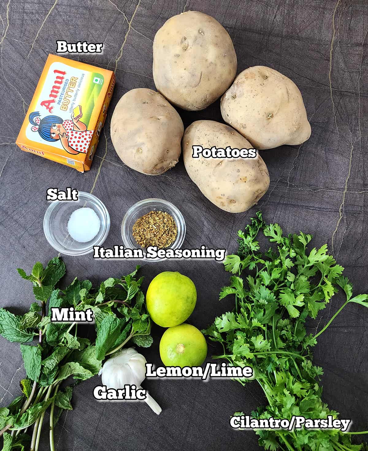 Ingredients used to make crispy lemon roasted potatoes. 