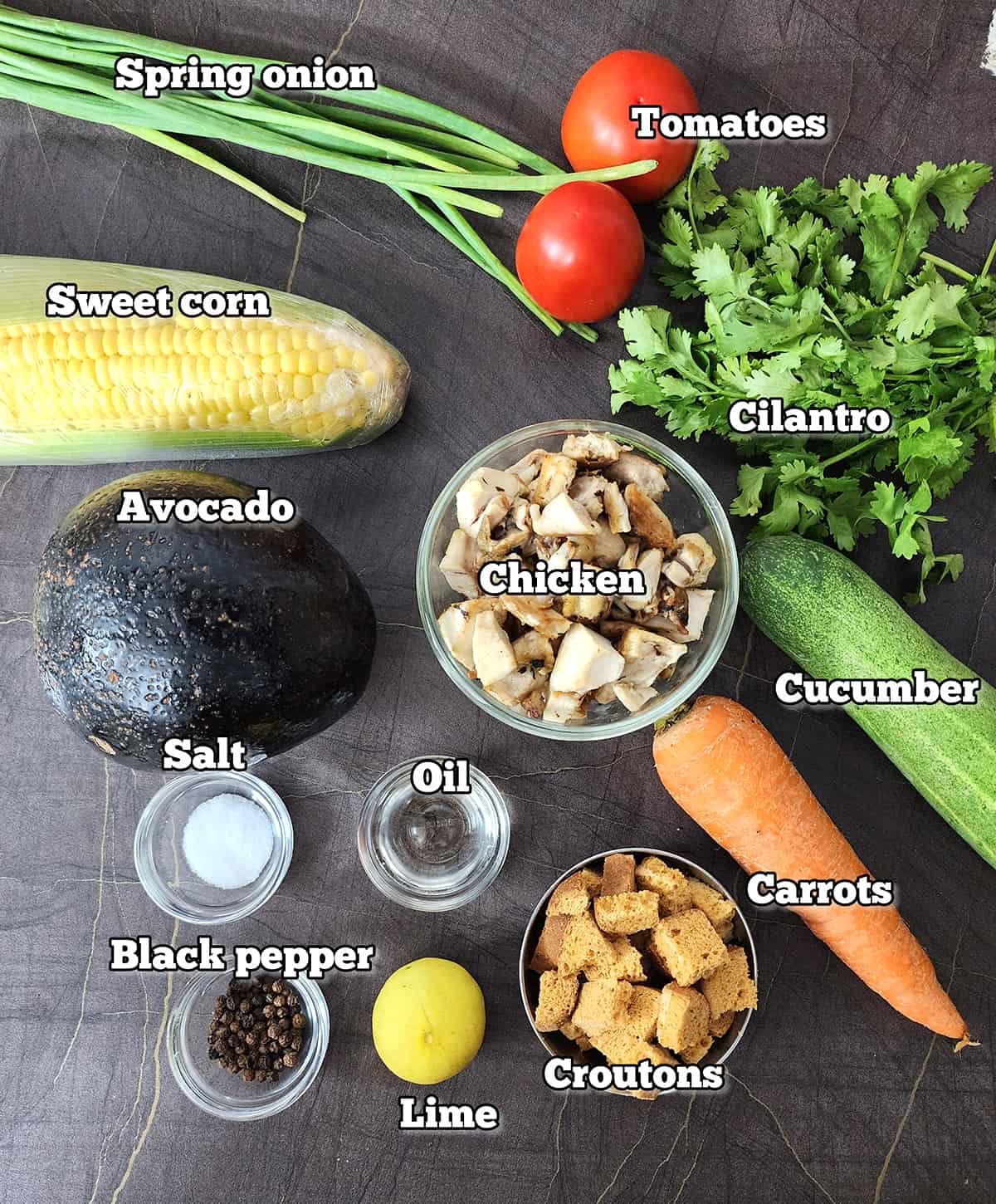 Ingredients used to make avocado chicken salad with leftover chicken. 