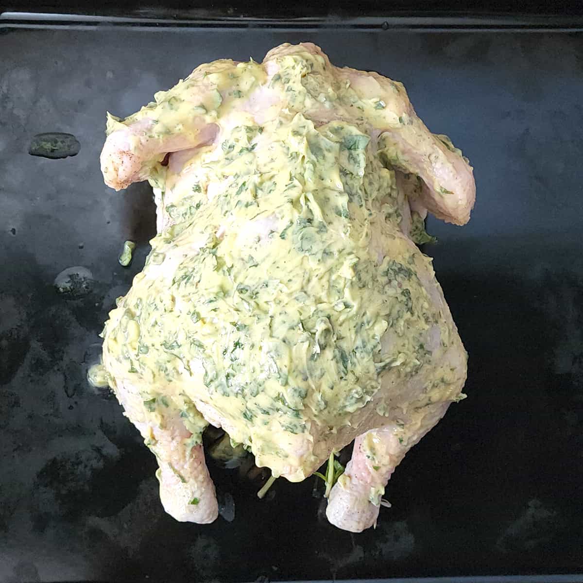 Apply herbed butter on surface of whole chicken. 