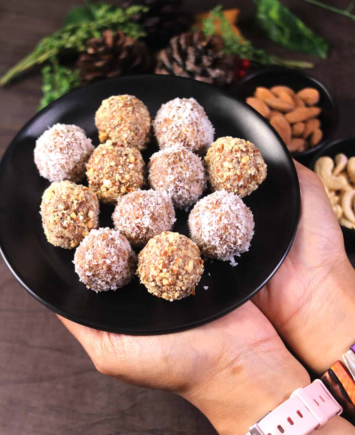 Festive themed no bake desserts - Coconut date balls (Christmas energy balls, holiday bliss balls).