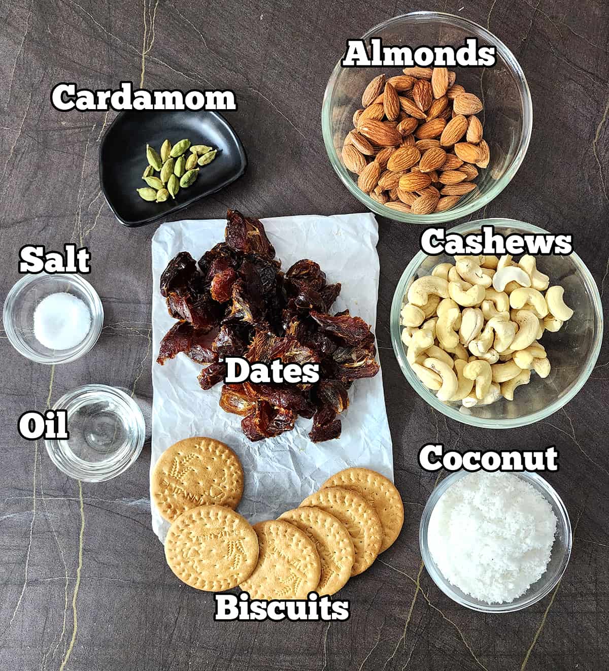 Ingredients used to make coconut date balls - no bake christmas holiday treats. 