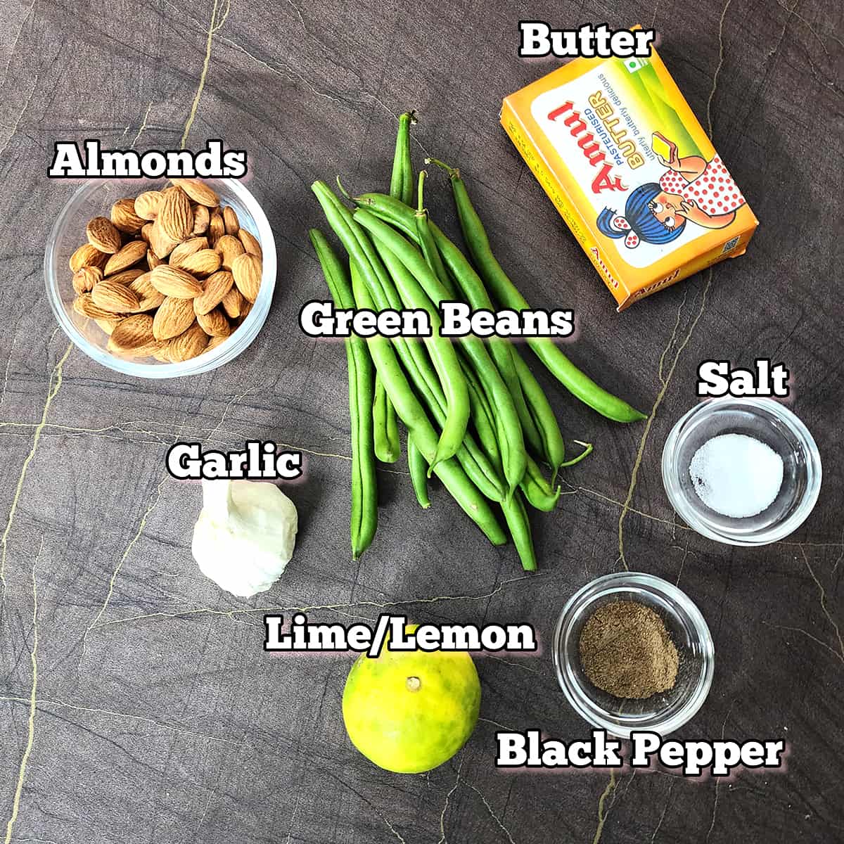 Ingredients used to make green beans almondine. 