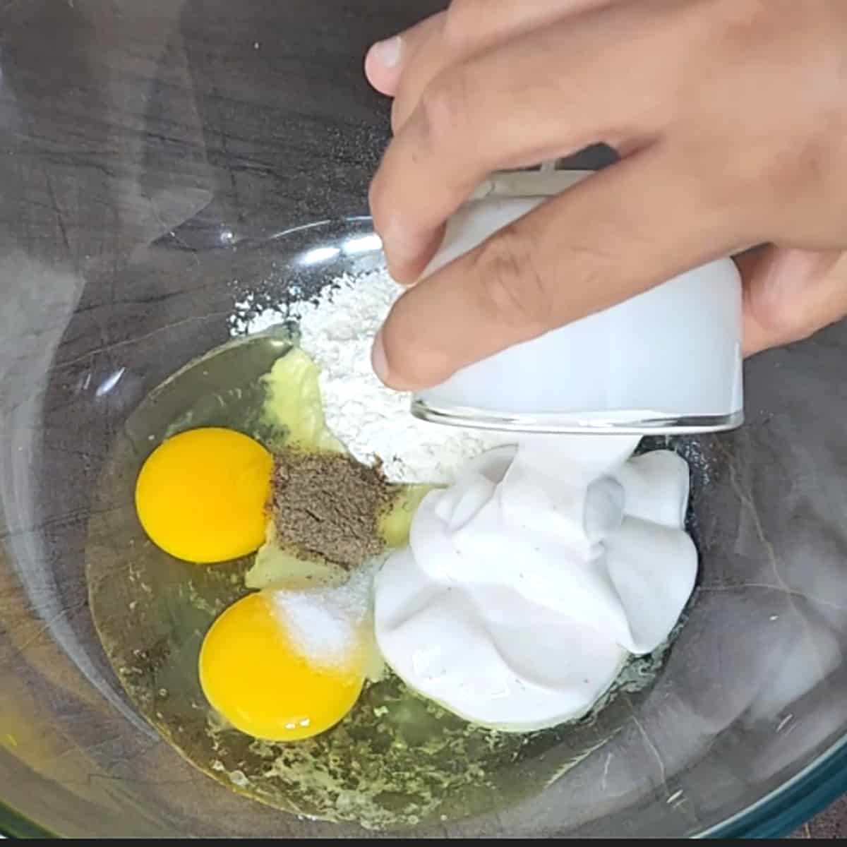 Add egg, flour, mayo. 