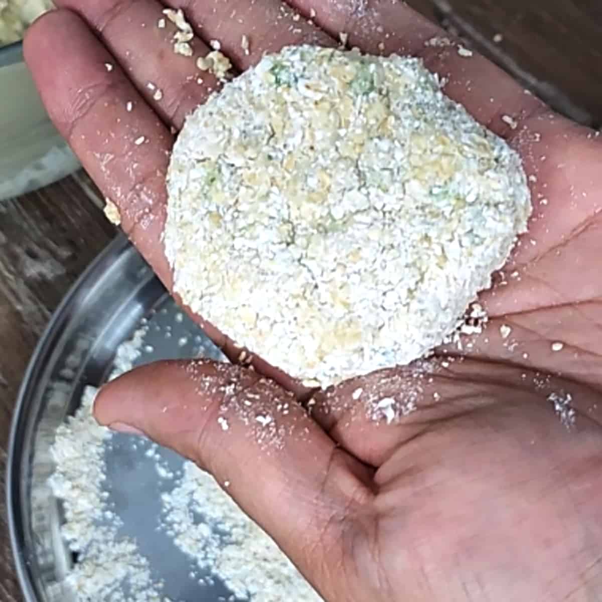 Shape and roll the patty or cutlet in bread crumbs. 