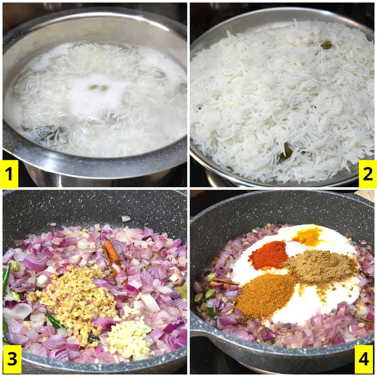 Cook the rice for pulao and saute the spices. 