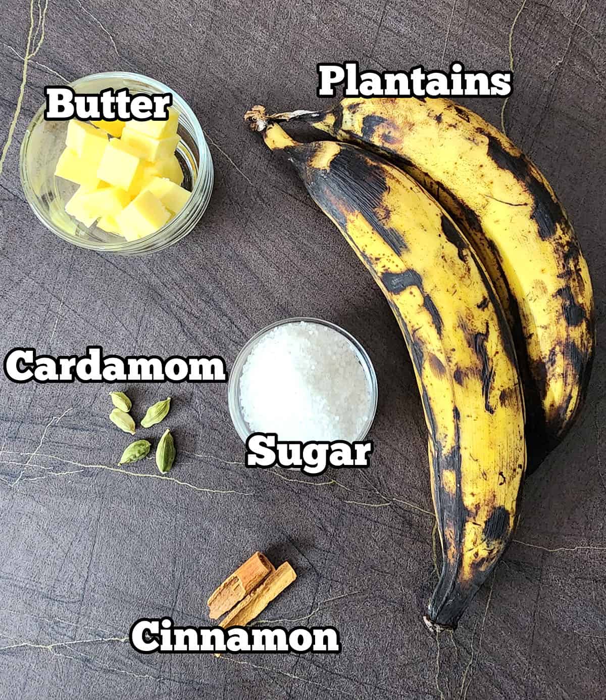 Ingredients used to make caramelized plantains dessert recipe. 