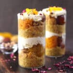 Mithai Trifle - Fusion dessert with layers of popular Indian sweets, whipping cream, crumbled cake.