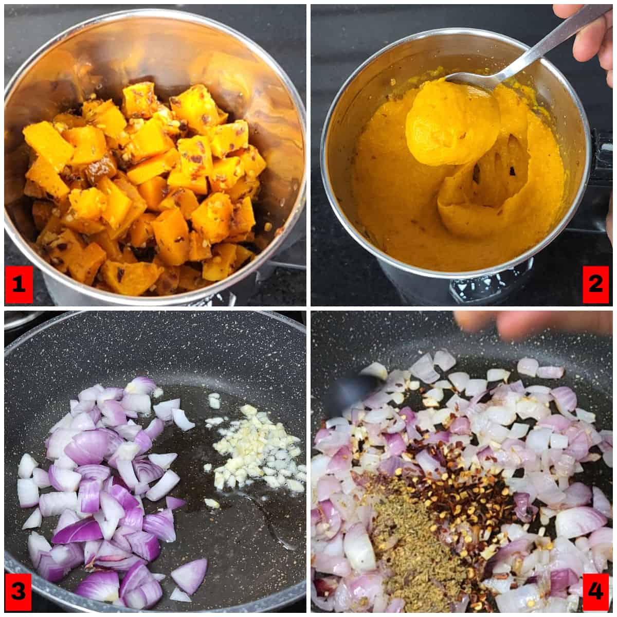 Making of roasted pumpkin puree. 