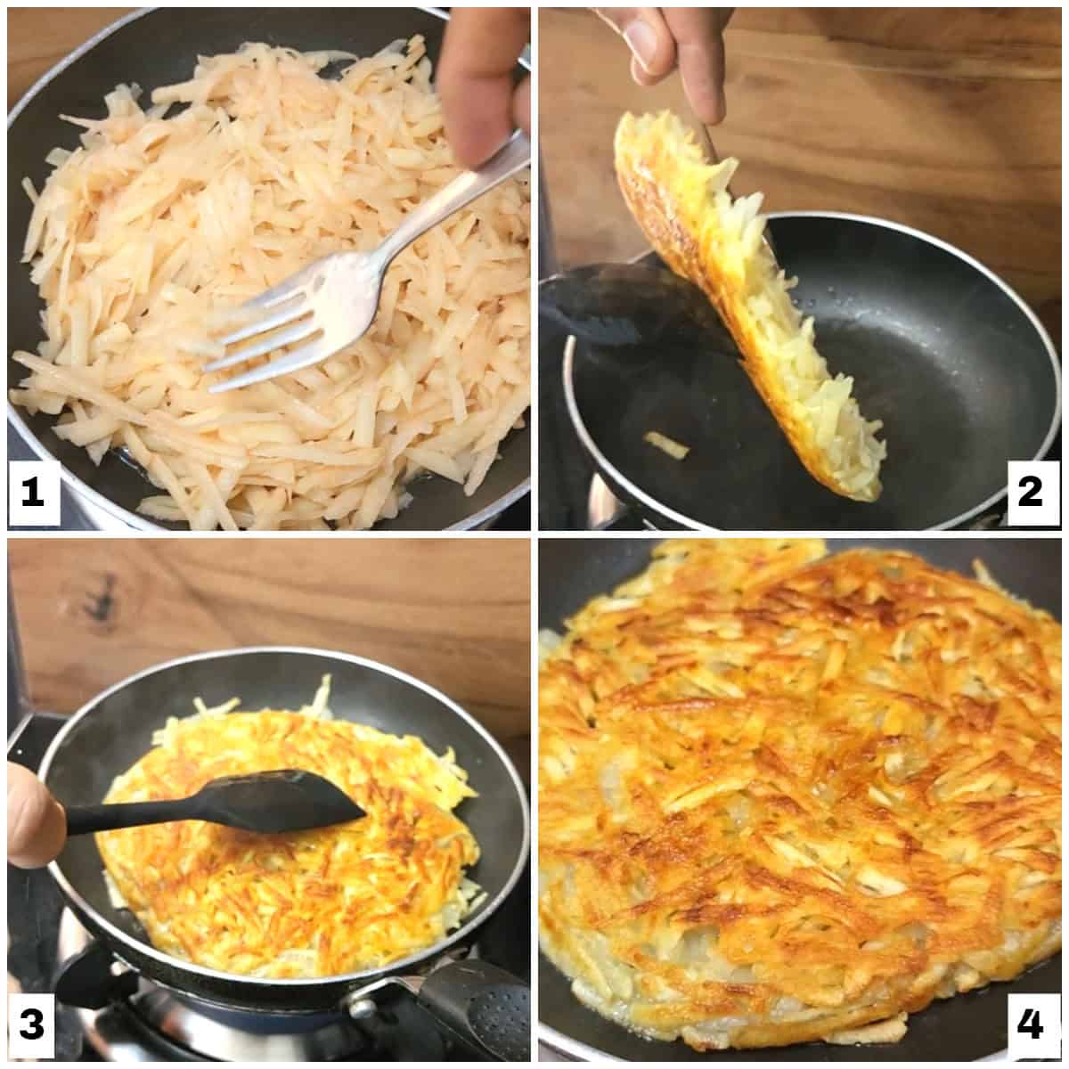 Making of large potato rostis. 